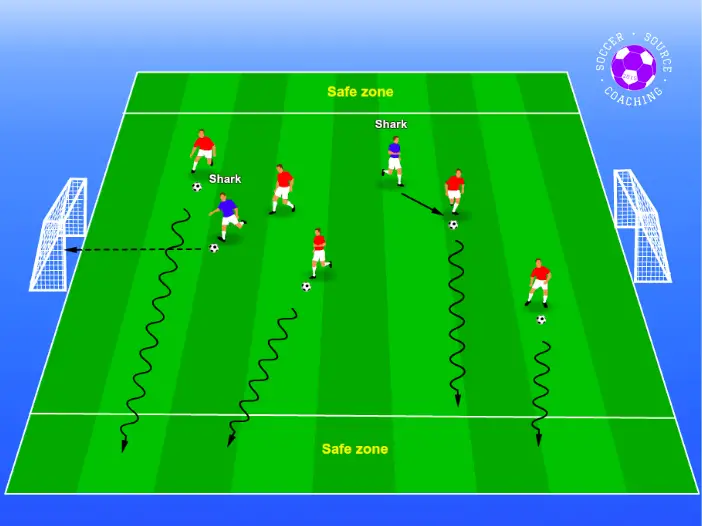 On the soccer pitch there are 2 end zones and 2 goals opposite each other on the side lines. The fun soccer drill shows the surfers (the players in red) dribbling from one end zone to another end zone without their soccer ball getting taken by the shark (blue soccer players). The sharks are kicking the ball in the goals if they take it off a surfer.
