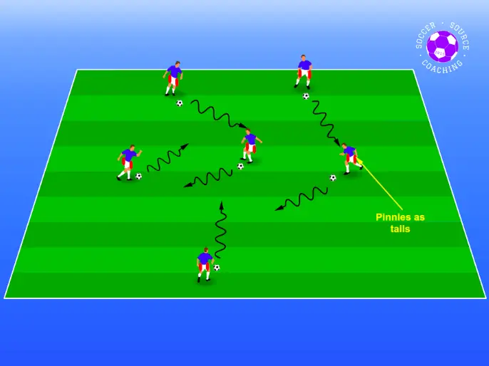 On the soccer pitch there are 6 blue players with a soccer ball each and 2 pinnies tucked (the tails) into their shorts. The soccer kids drill show the players dribbling their soccer ball around trying to take the tails off the other players.