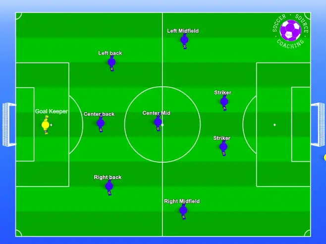 There are 9 youth soccer players in their positions in a 9v9 soccer formation. There is a goalkeeper, center back, left back, right back, center midfield, a left midfield, a right midfield and 2 strikers