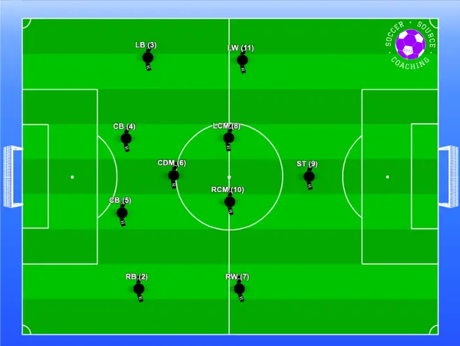 There are 11 soccer players standing in a 4-1-4-1 formation labelled with their positions and numbers