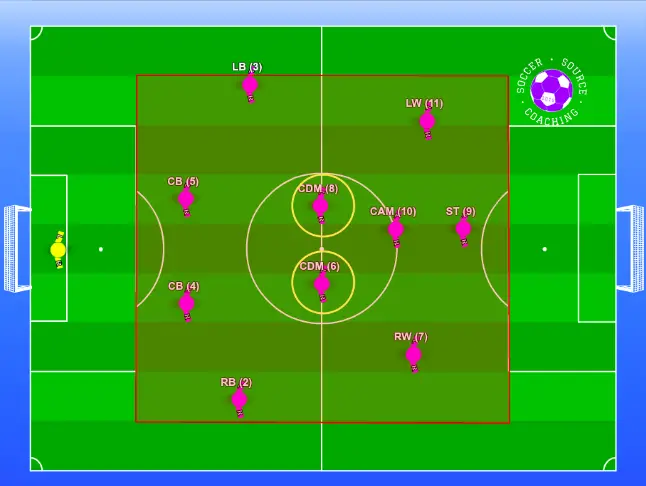 There are 11 soccer players in a 4-2-3-1 formation. The defensive midfielders are circled and a red shaded area shows where the defensive midfielders typically play