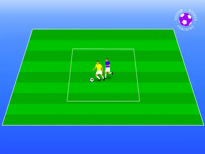There are 2 players in a 1v1 soccer drill. One player is holding off another player