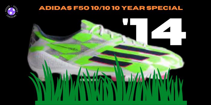 A green, white, black adidas F50 10/10 10 year special soccer cleat released in 2014