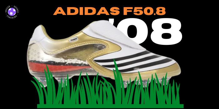 A black, white and gold Adidas F50.8 soccer cleat released in 2008