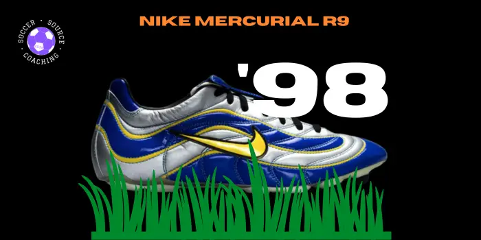 Blue, silver and yellow Nike mercurial R9 soccer cleat released in 1998