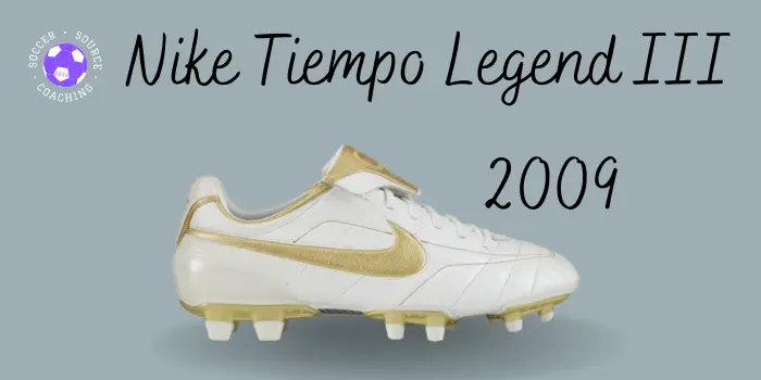 white and gold and Nike tiempo legend III soccer cleat released in 2009
