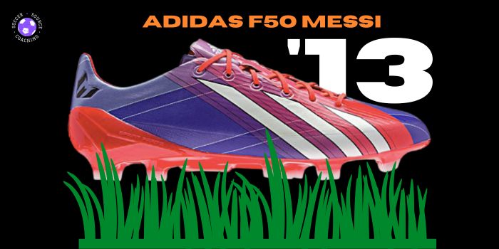 A purple, red and white adidas F50 Messi edition soccer cleat released in 2013.