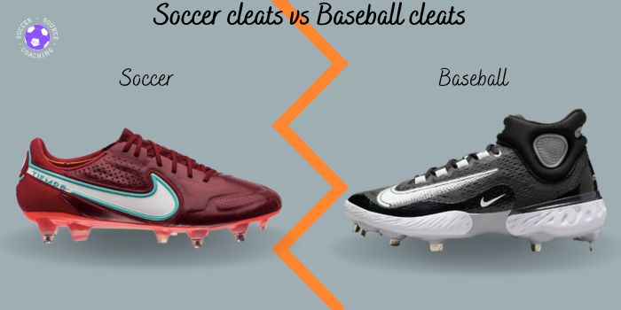 this is a side profile of a red nike soccer cleat and a black and white nike baseball cleat. to visually show the differences of soccer cleats vs baseball cleats