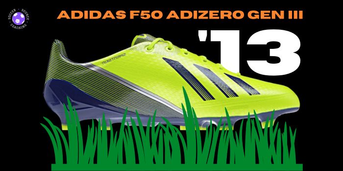 A blue and yellow adidas F50 adizero third generation soccer cleat released in 2013