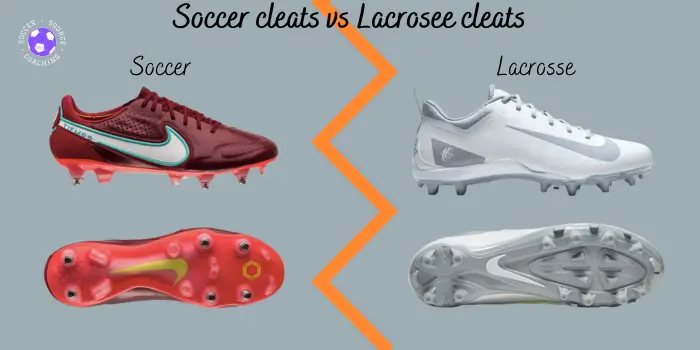 this is a side and bottom profile of a red nike soccer cleat and a white nike lacrosse cleat. to visually show the differences of soccer cleats vs lacrosse cleats
