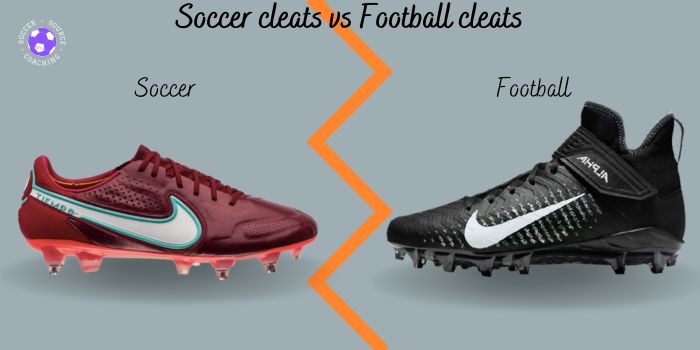 this is a side profile of a red nike soccer cleat and a black and white nike football cleat. to visually show the differences of soccer cleats vs football cleats