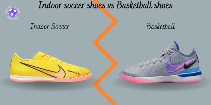 a yellow indoor soccer shoe vs a grey basketball shoe for comparison