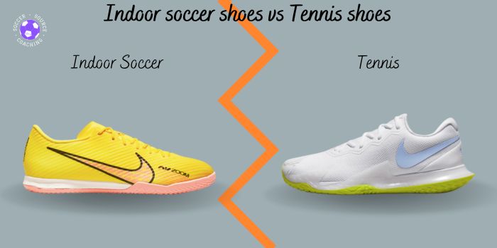 a yellow indoor soccer shoe vs a white and yellow tennis shoe for comparison