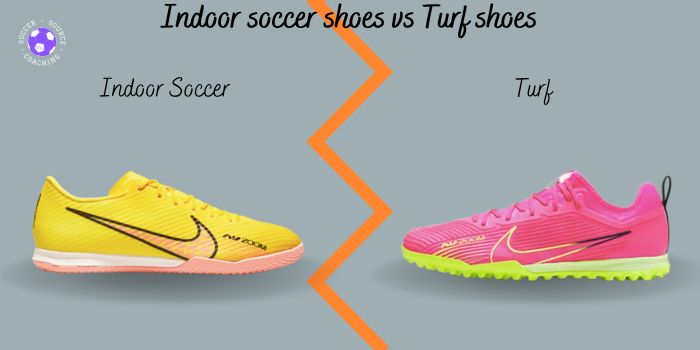 a yellow indoor soccer shoe vs a pink and yellow soccer turf shoe for comparison