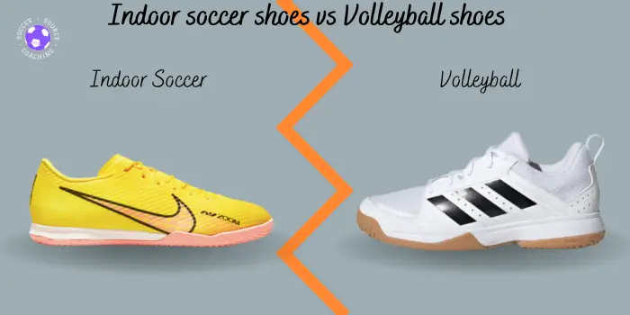 a yellow indoor soccer shoe vs a white and black volleyball shoe for comparison