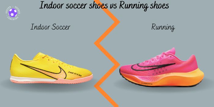 a yellow indoor soccer shoe vs a pink and orange running shoe for comparison