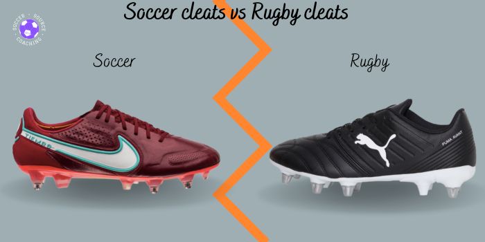 side profile of a red soccer cleat vs a side profile of a black rugby cleat
