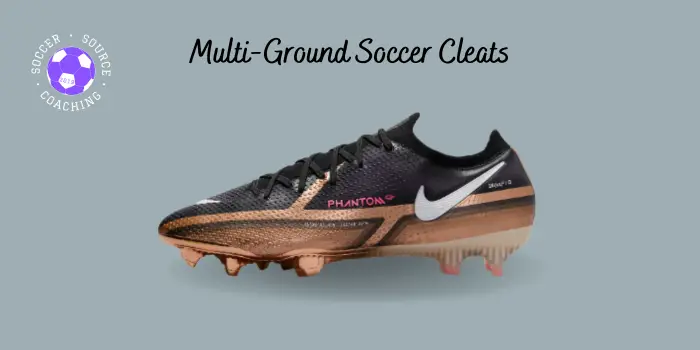 a pair of black and bronze nike multi-ground soccer cleats