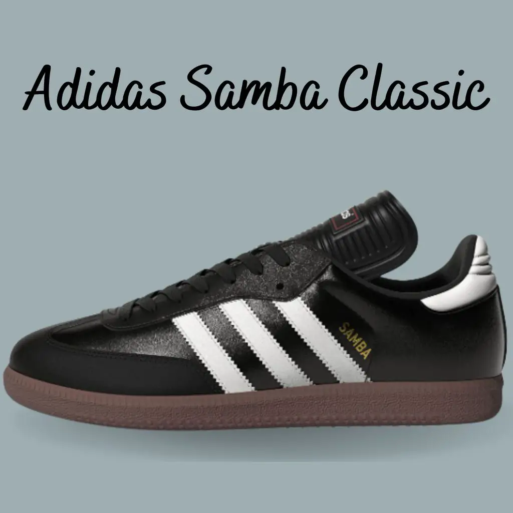a black and white adidas samba classic indoor soccer shoe for wide feet