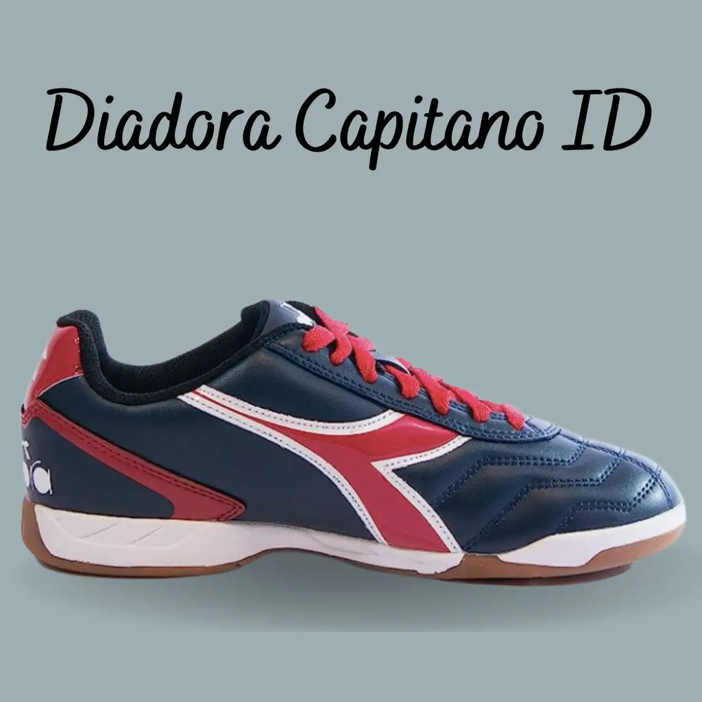 a red, blue and white diadora capitano ID indoor soccer shoe for wide feet