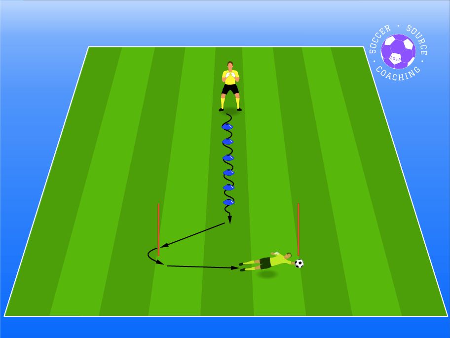 A goalkeeper is slaloming through a line of cones and dives to save a soccer ball